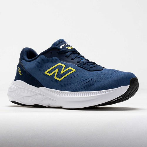 Blue running shoe with yellow logo on a white background