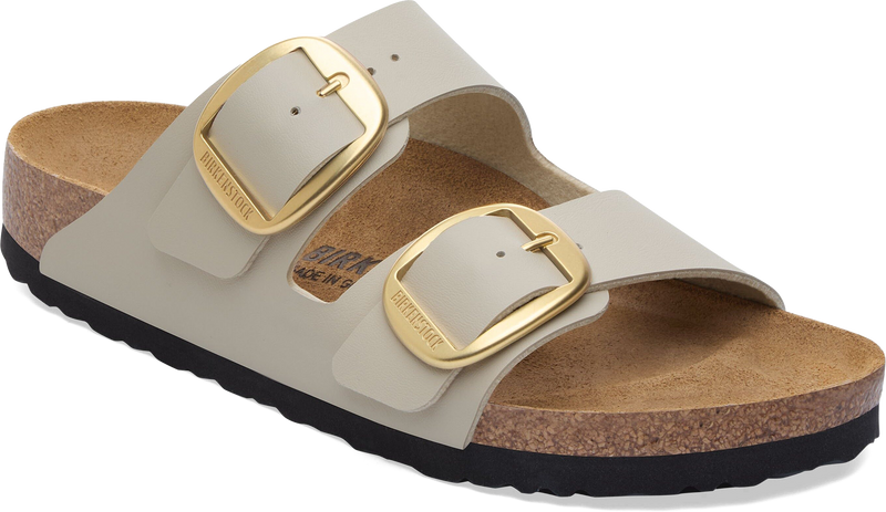 Quarter turn view Women's Birkenstock Footwear style name Arizona Big Buckle Birko Flor Regular in color Sandcastle. Sku: 1031514