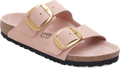Quarter turn view Women's Birkenstock Footwear style name Arizona Big Buckle Nubuck Narrow in color Soft Pink. Sku: 1031855