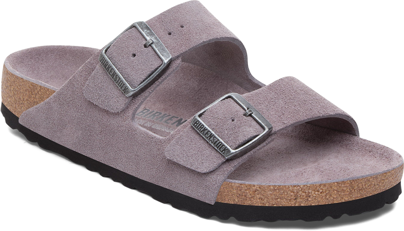 Quarter turn view Women's Birkenstock Footwear style name Arizona Soft Footbed Suede Regular in color Faded Purple. Sku: 1031660