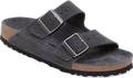 Quarter turn view Men's Birkenstock Footwear style name Arizona Soft Footbed Suede Regular in color Charcoal. Sku: 1031721