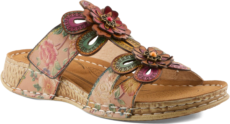 Quarter turn view Women's L'Artiste Footwear style name Beaudie in color Tan Multi. Sku: BEAUDIE-TNM