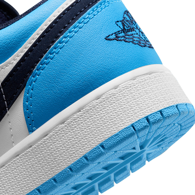 Big Kid's Jordan 1 Low "UNC" White/Dk Powder Blue-Obsidian (553560 144)