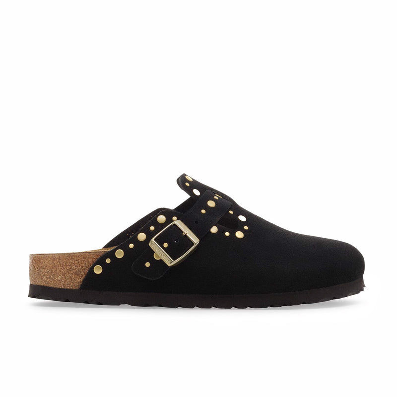 Birkenstock Unisex Boston Rivets Soft Footbed Suede Leather - Narrow (Black) - August Shop