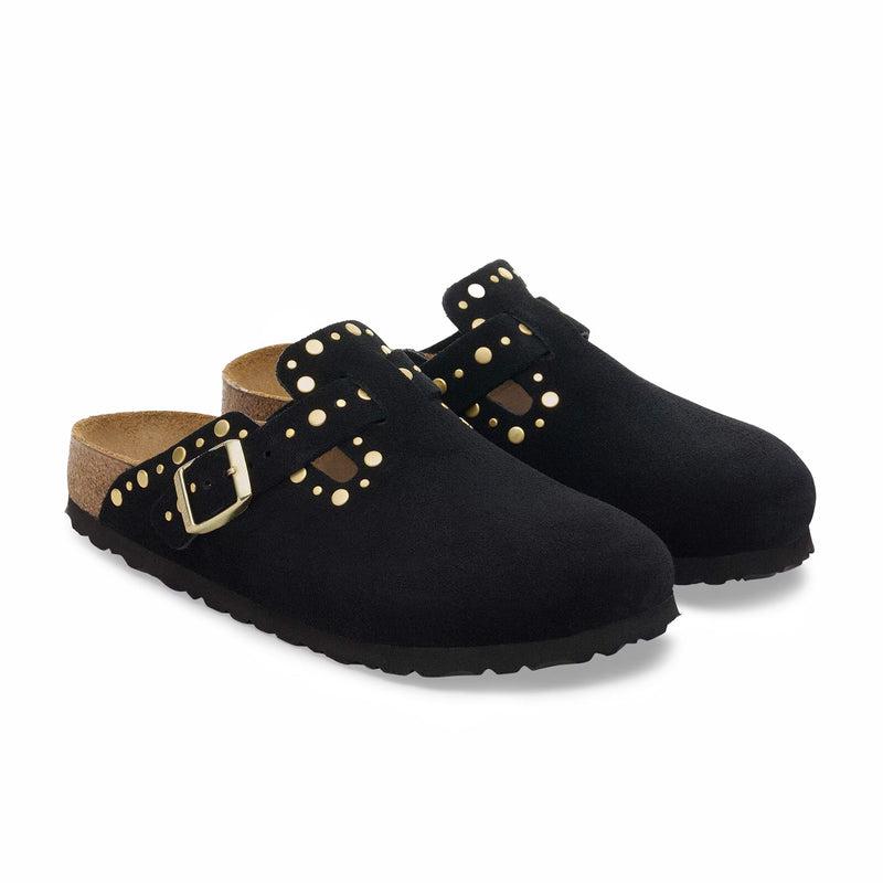 Birkenstock Unisex Boston Rivets Soft Footbed Suede Leather - Narrow (Black) - August Shop