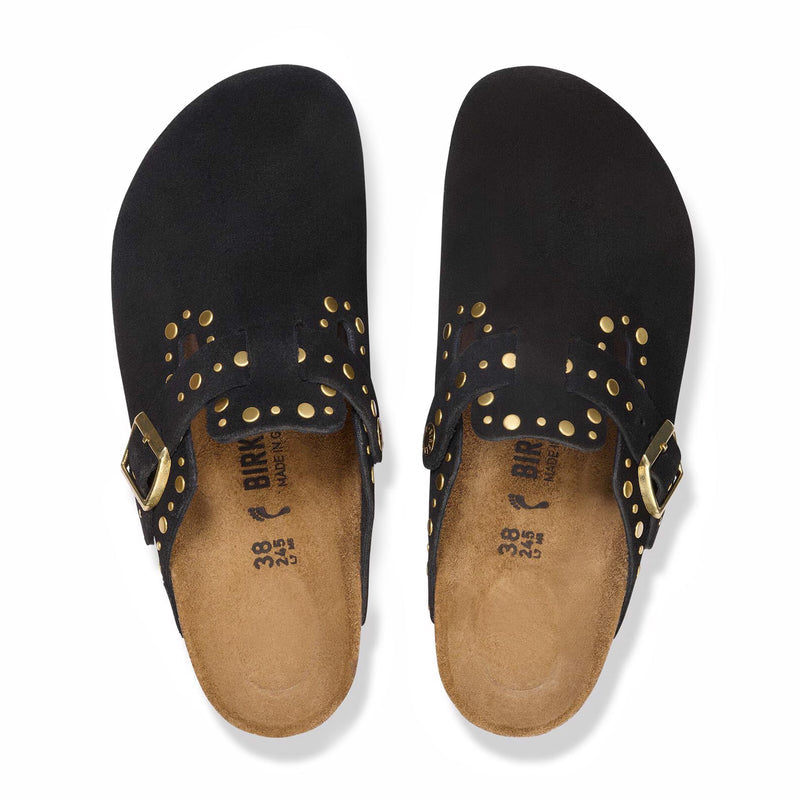 Birkenstock Unisex Boston Rivets Soft Footbed Suede Leather - Narrow (Black) - August Shop