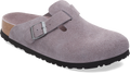 Quarter turn view Women's Birkenstock Footwear style name Boston Soft Footbed Suede Narrow in color Faded Purple. Sku: 1031577