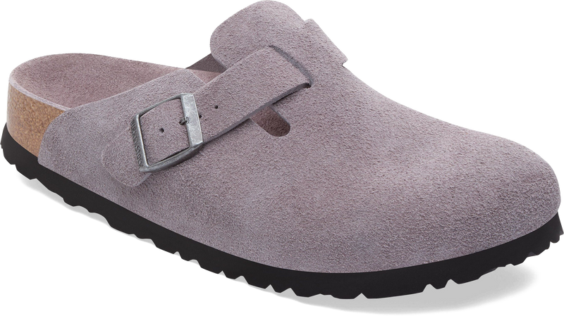 Quarter turn view Women's Birkenstock Footwear style name Boston Soft Footbed Suede Narrow in color Faded Purple. Sku: 1031577