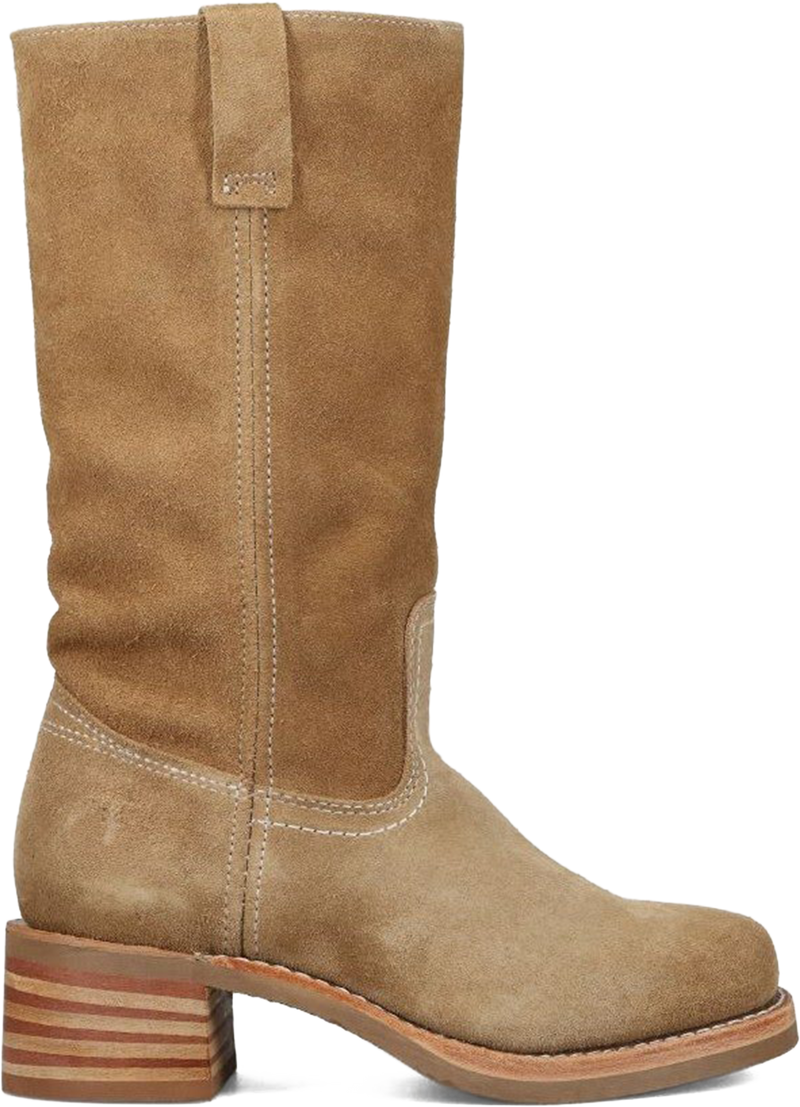 Quarter turn view Women's Frye Footwear style name Campus 12R in color Tan Buck. Sku: FR41965-TNBK