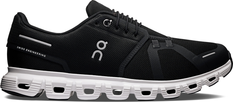 Quarter turn view Men's On Running Footwear style name Cloud 6 Wide in color Black/ White. Sku: 3MG10430299
