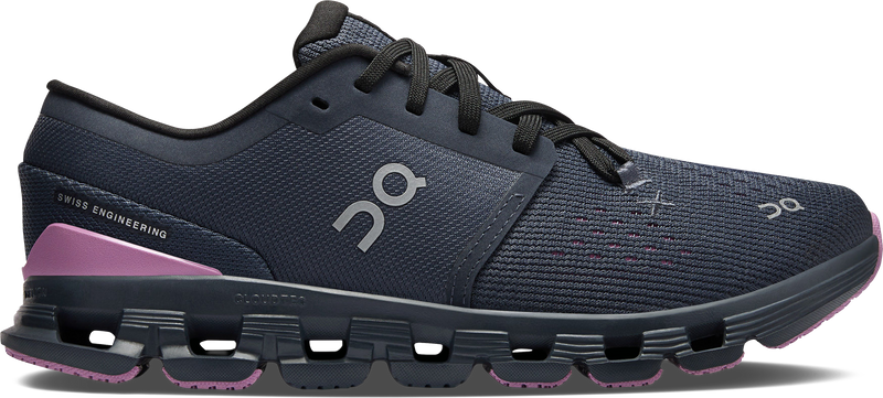 Quarter turn view Women's On Running Footwear style name Cloud X 4 in color Navy/ Sakura. Sku: 3WE30074741