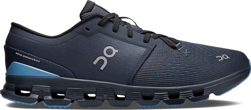 Quarter turn view Men's On Running Footwear style name Cloud X 4 in color Navy/ Gourami. Sku: 3ME30044739