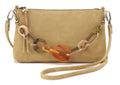 Beige handbag with a colorful chain strap on a white background