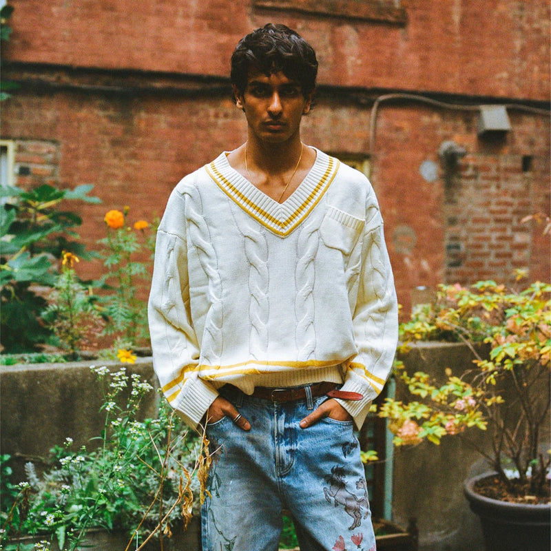 Found Cricket V-Neck Sweater (Cream/Gold) - August Shop