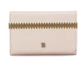 Beige wallet with decorative stitching on a white background
