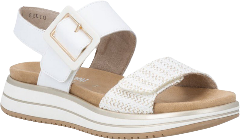 Quarter turn view Women's Remonte Footwear style name Jocelyn 53 in color Weiss/ Gold. Sku: D1J53-81