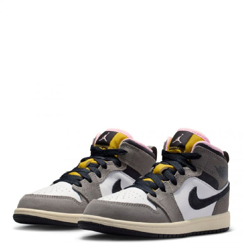 Little Kid's Jordan 1 Mid SE White/Oil Grey-Cave Stone (HQ2013 100)