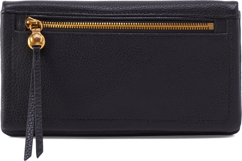 Quarter turn view Women's Hobo Hand Bag style name Lumen Continental Wallet in color Black. Sku: SO-81110BLK