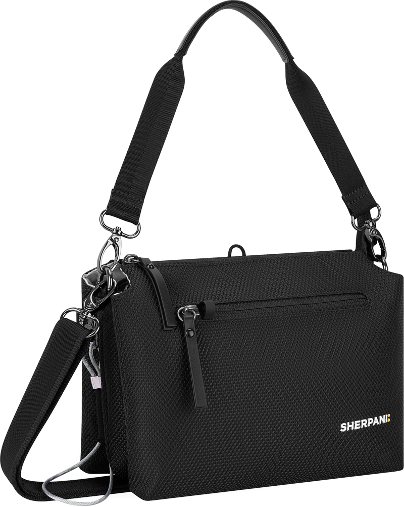 Quarter turn view Women's Sherpani Hand Bag style name Mei At in color Carbon. Sku: 26-MEI0001060