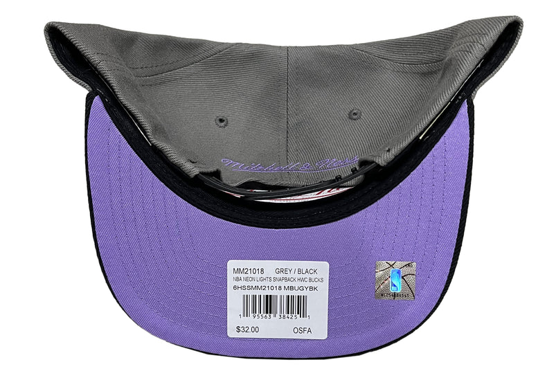 Mitchell & Ness Grey/Black NBA Milwaukee Bucks Neon Lights HWC Snapback - OSFA