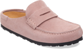 Quarter turn view Women's Birkenstock Footwear style name Naples Suede Narrow in color Pink Clay. Sku: 1031683