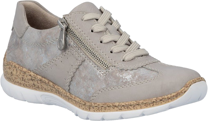Quarter turn view Women's Rieker Footwear style name Nikita 21 in color Ice/ Rose-Metallic. Sku: N4221-90