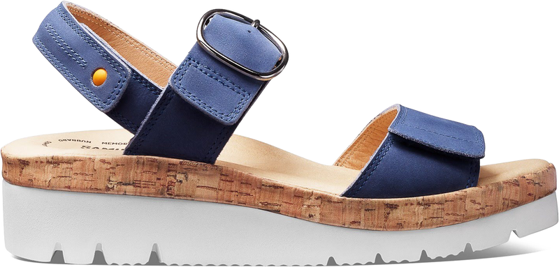 Quarter turn view Women's Samuel Hubbard Footwear style name Portola Two-Strap Wide in color Blue. Sku: W1730-112W