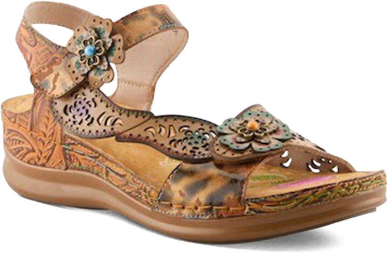 Quarter turn view Women's L'Artiste Footwear style name Script in color Tan Multi. Sku: SCRIPT-TNM