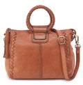 Brown leather handbag with braided handle and decorative stitching on a white background