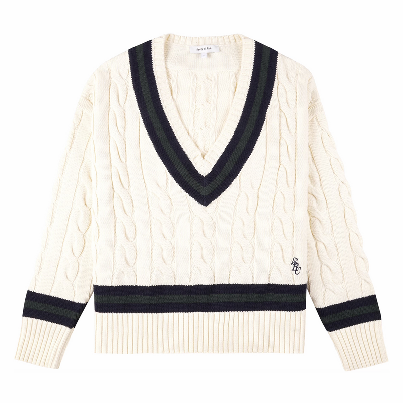 Sporty & Rich Women's SRC Cableknit V-Neck Sweater (Ecru/Navy/Forest) - August Shop
