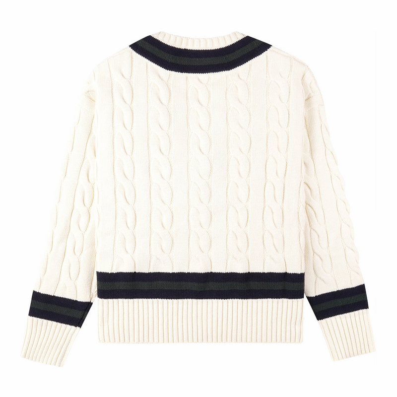 Sporty & Rich Women's SRC Cableknit V-Neck Sweater (Ecru/Navy/Forest) - August Shop