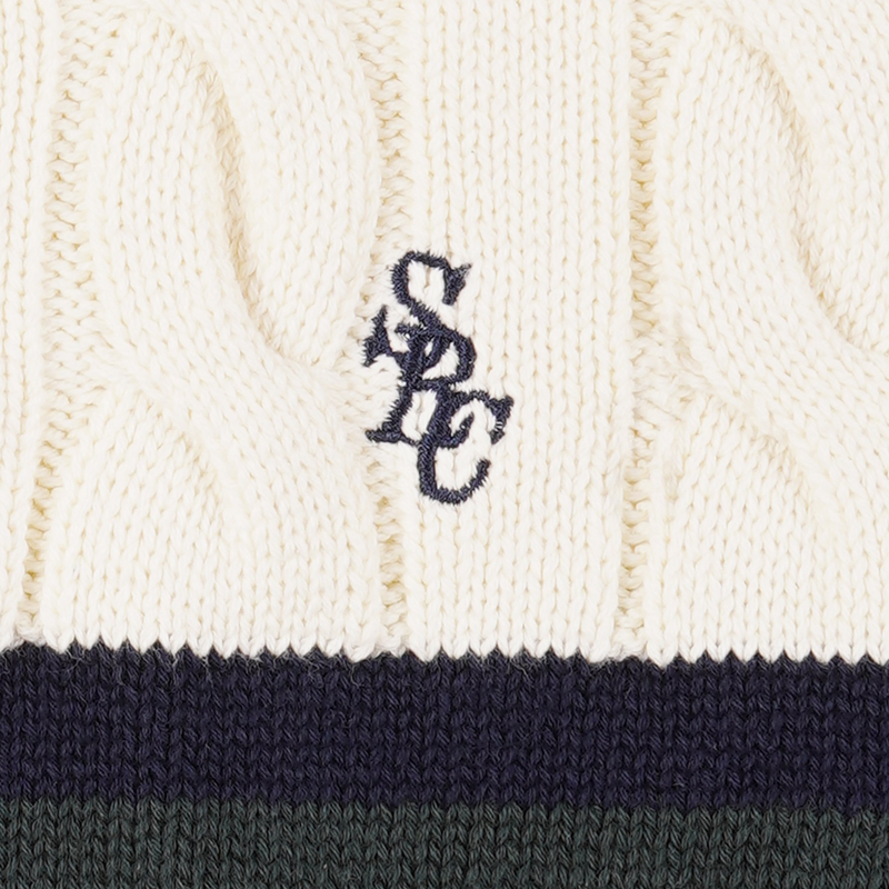 Sporty & Rich Women's SRC Cableknit V-Neck Sweater (Ecru/Navy/Forest) - August Shop