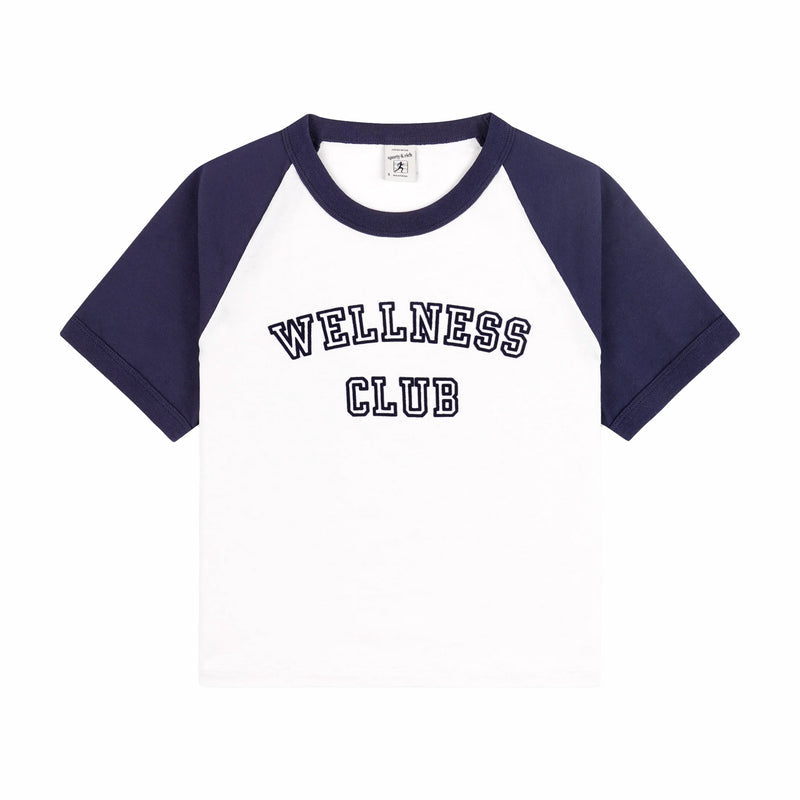 Sporty & Rich Women's Wellness Club Flocked Baby Tee (White/Navy) - August Shop