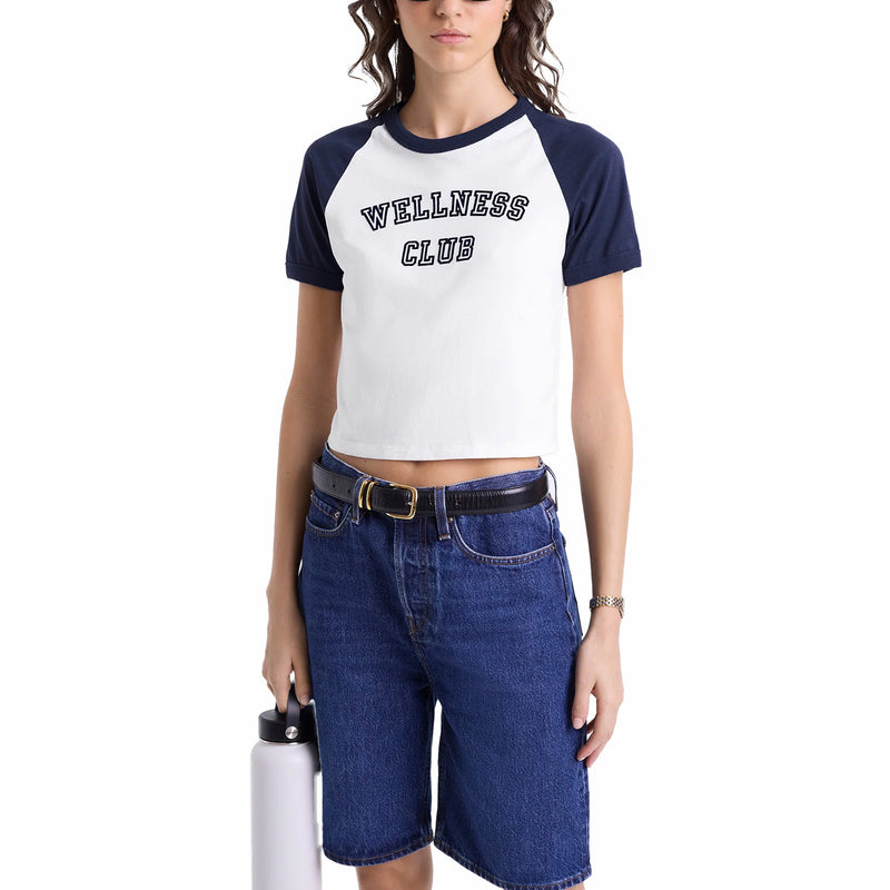 Sporty & Rich Women's Wellness Club Flocked Baby Tee (White/Navy) - August Shop