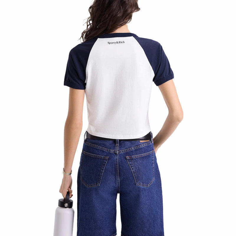 Sporty & Rich Women's Wellness Club Flocked Baby Tee (White/Navy) - August Shop
