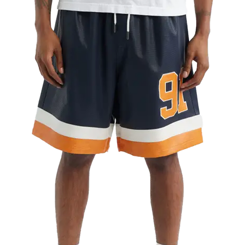 STADIUM LEATHER SHORTS NAVY/ORANGE/ECRU