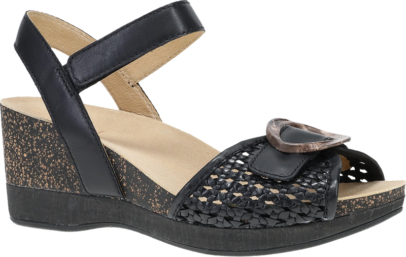 Quarter turn view Women's Dansko Footwear style name Stella in color Black Woven. Sku: 10003020200