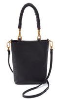 Black handbag with gold accents on a white background