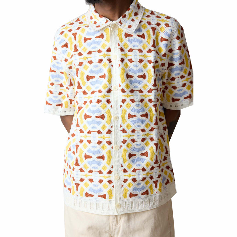 Wax London Dorset Short Sleeve Shirt - Geo Tile Crochet (Ecru/Multi) - August Shop
